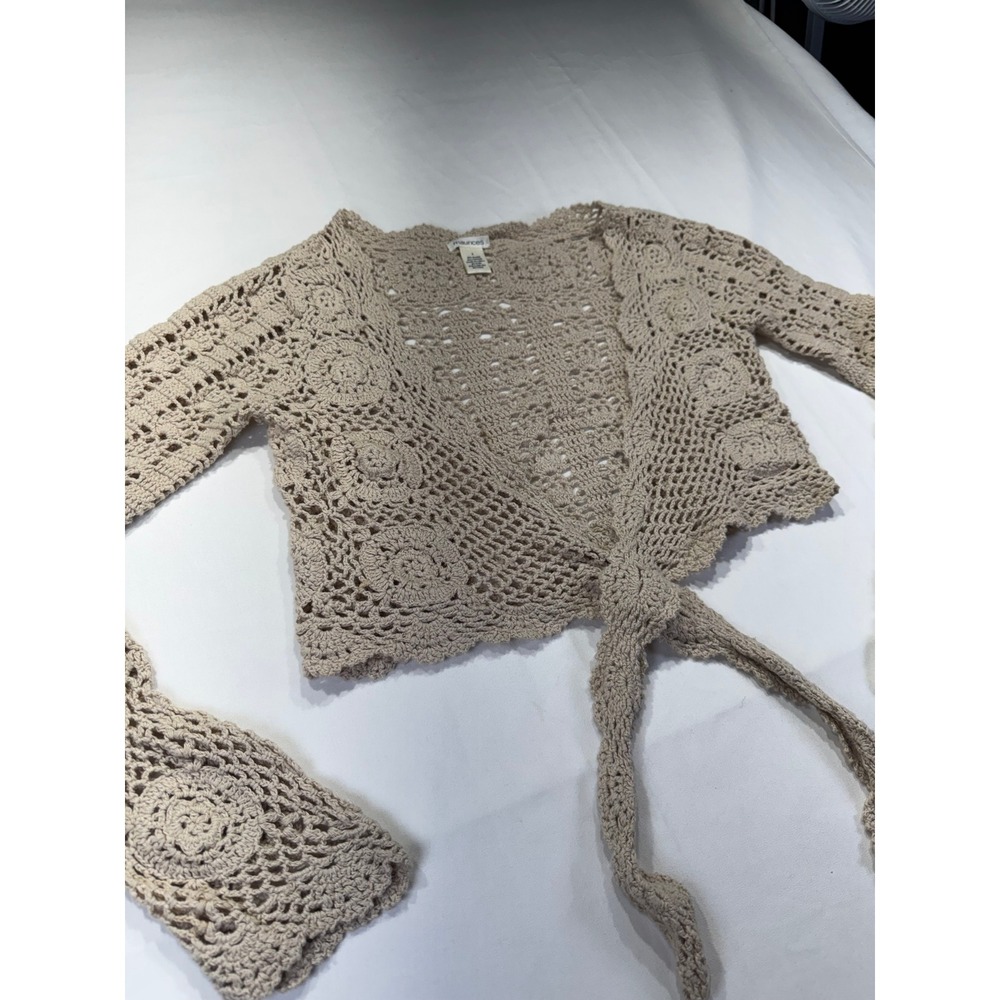 Beige Crochet Tie Front Shrug Cardigan Boho Whimsical Knit Small Grandam core